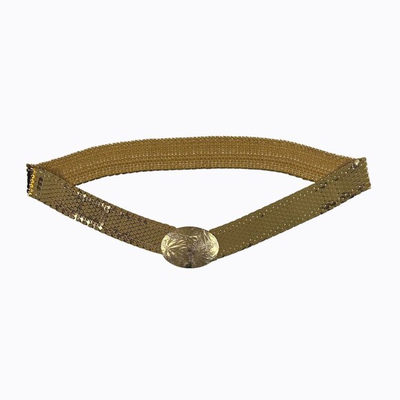 Vintage Metallic Gold Fish Scale Belt Lg-1X Slinky Stretch Oval Buckle 70s Disco - Picture 4 of 9
